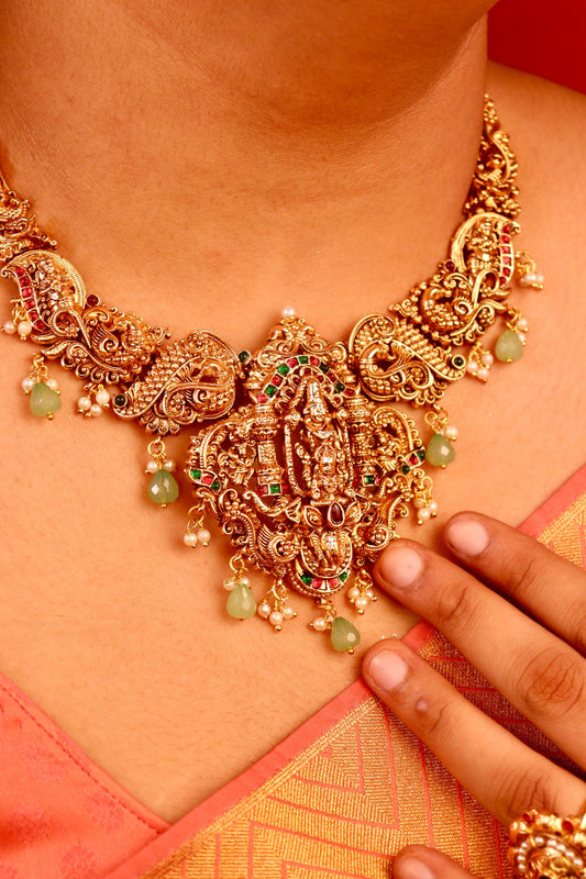 Sri Venkatesh Temple Green Necklace Set