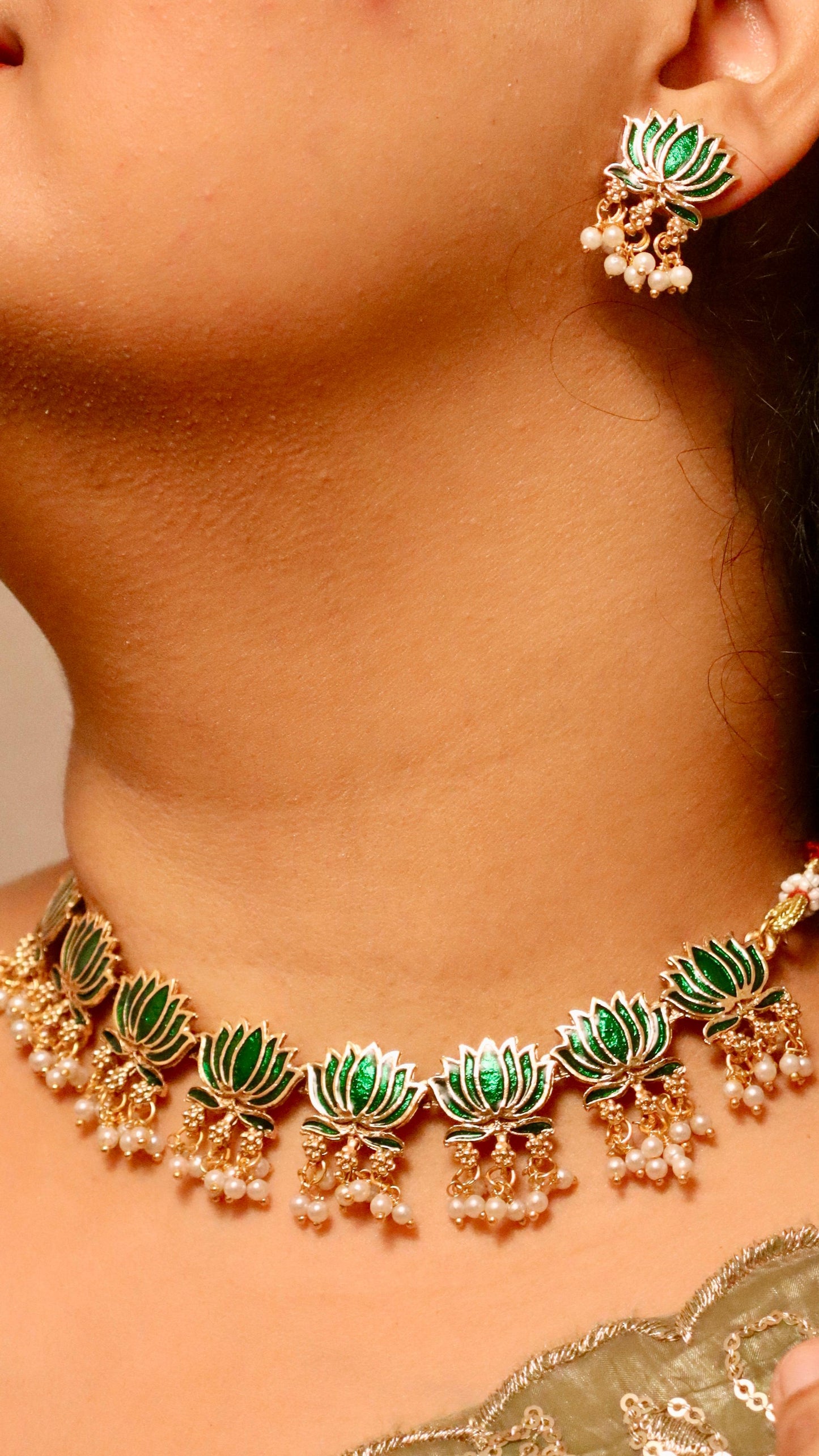 Padmini Green Lotus Necklace Set
