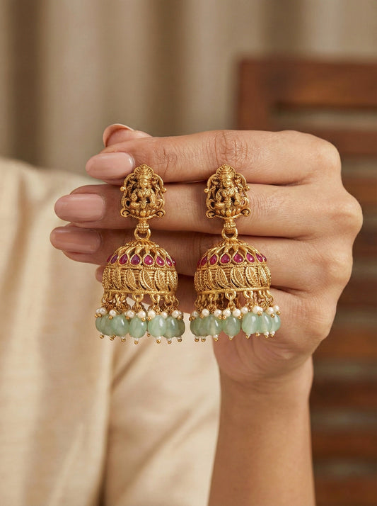 Sharvika Green Temple Jhumkas