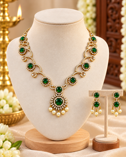 Emerald Pearl Drop Necklace Set