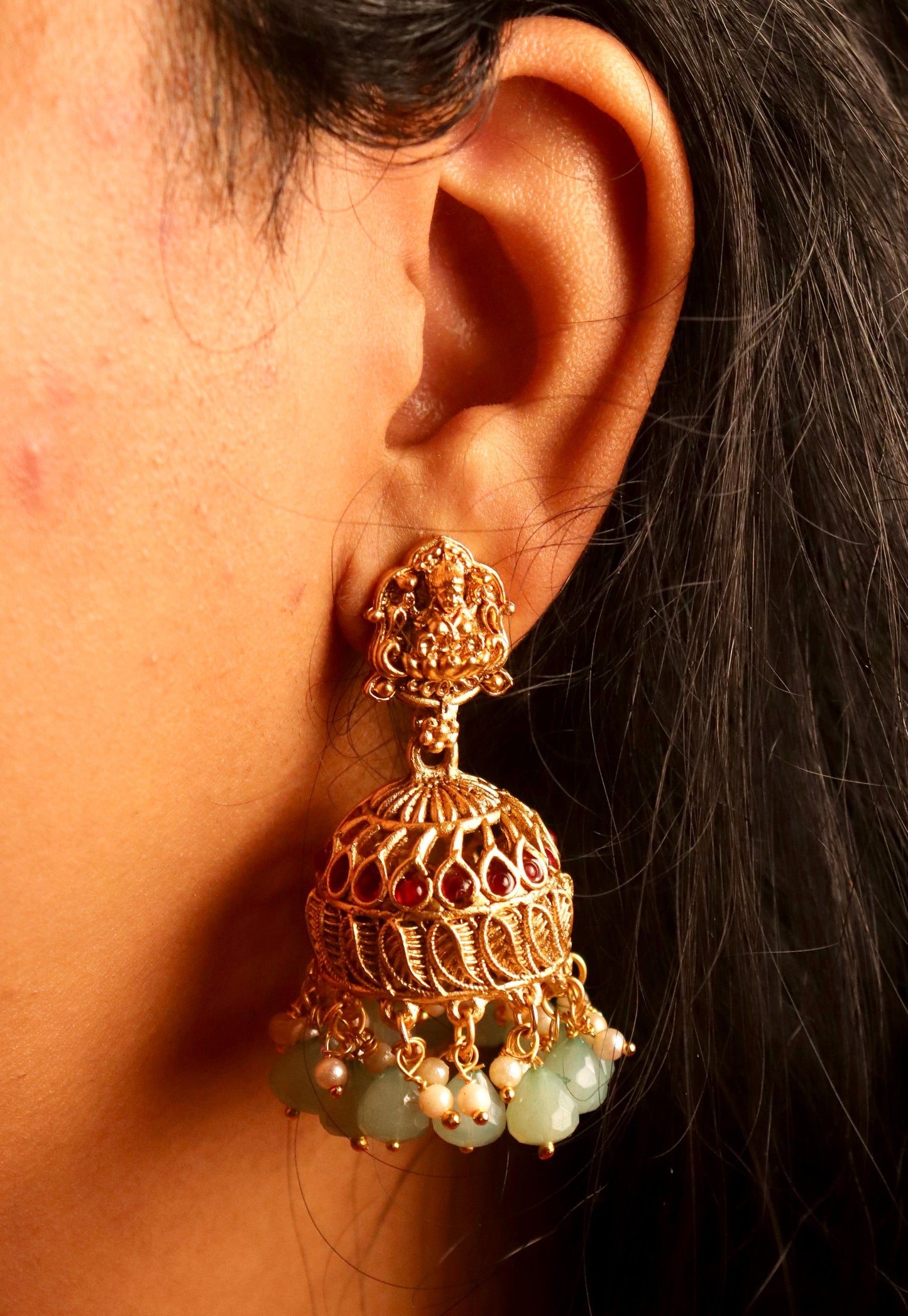 Sharvika Green Temple Jhumkas