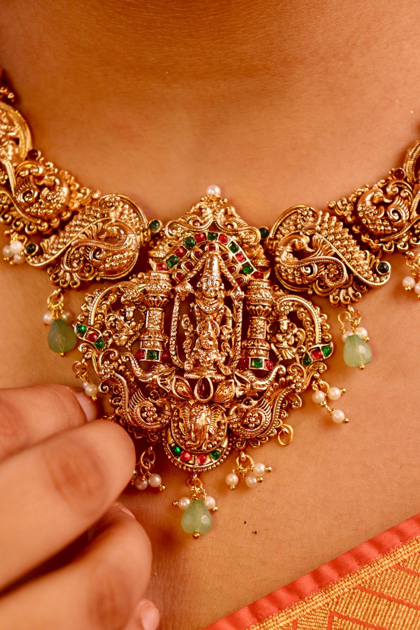 Sri Venkatesh Temple Green Necklace Set