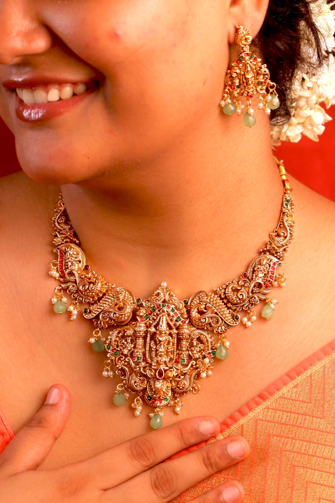 Sri Venkatesh Temple Green Necklace Set