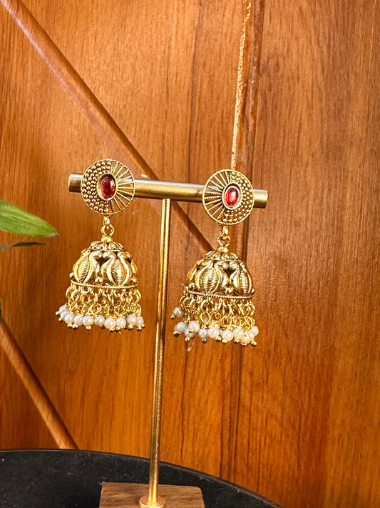 Radhika Red Gold Jhumkas