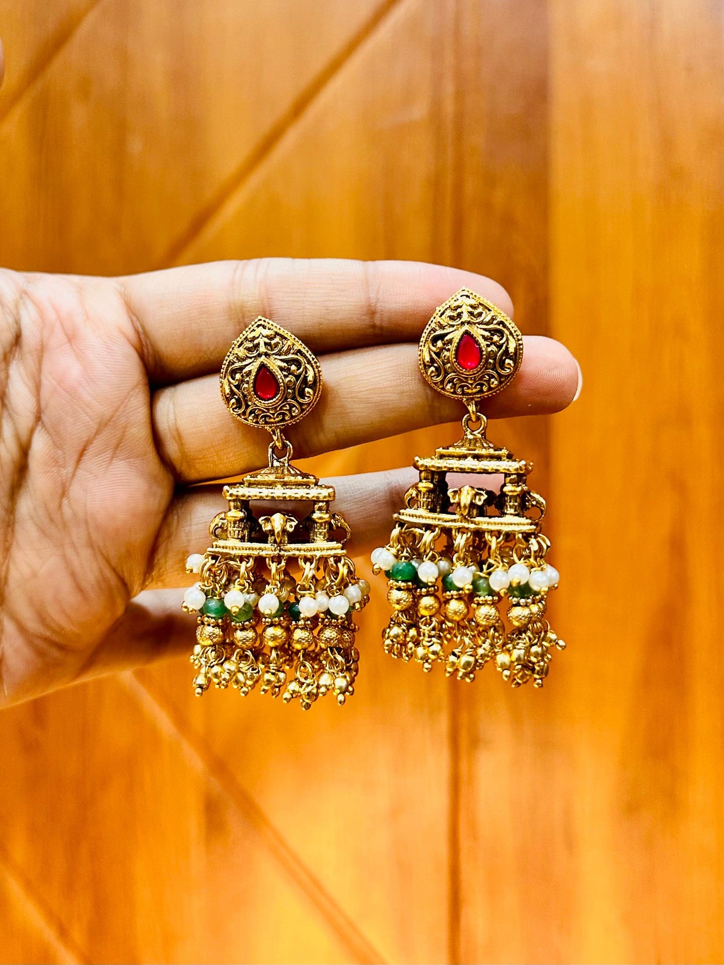 Green Elephant Jharokha Earrings