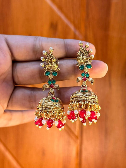 Red Meenakari Mayur Jhumkas