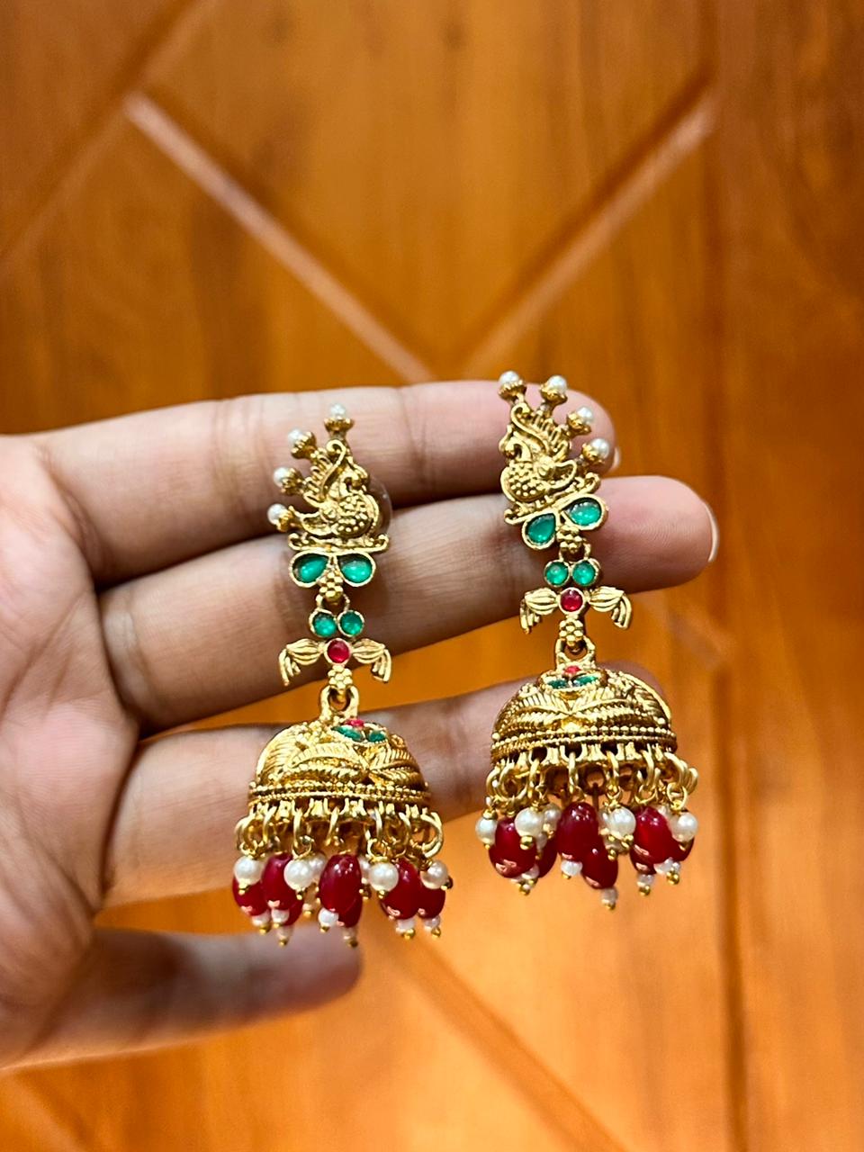 Red Meenakari Mayur Jhumkas