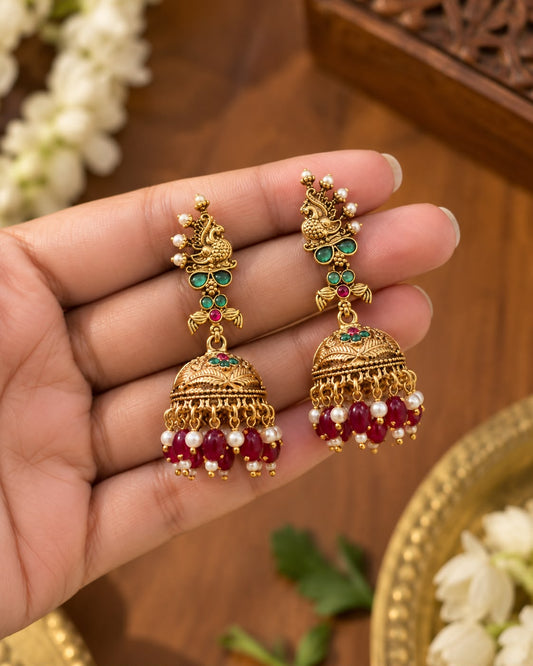 Red Meenakari Mayur Jhumkas