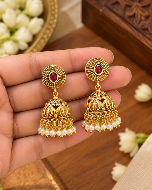 Radhika Red Gold Jhumkas