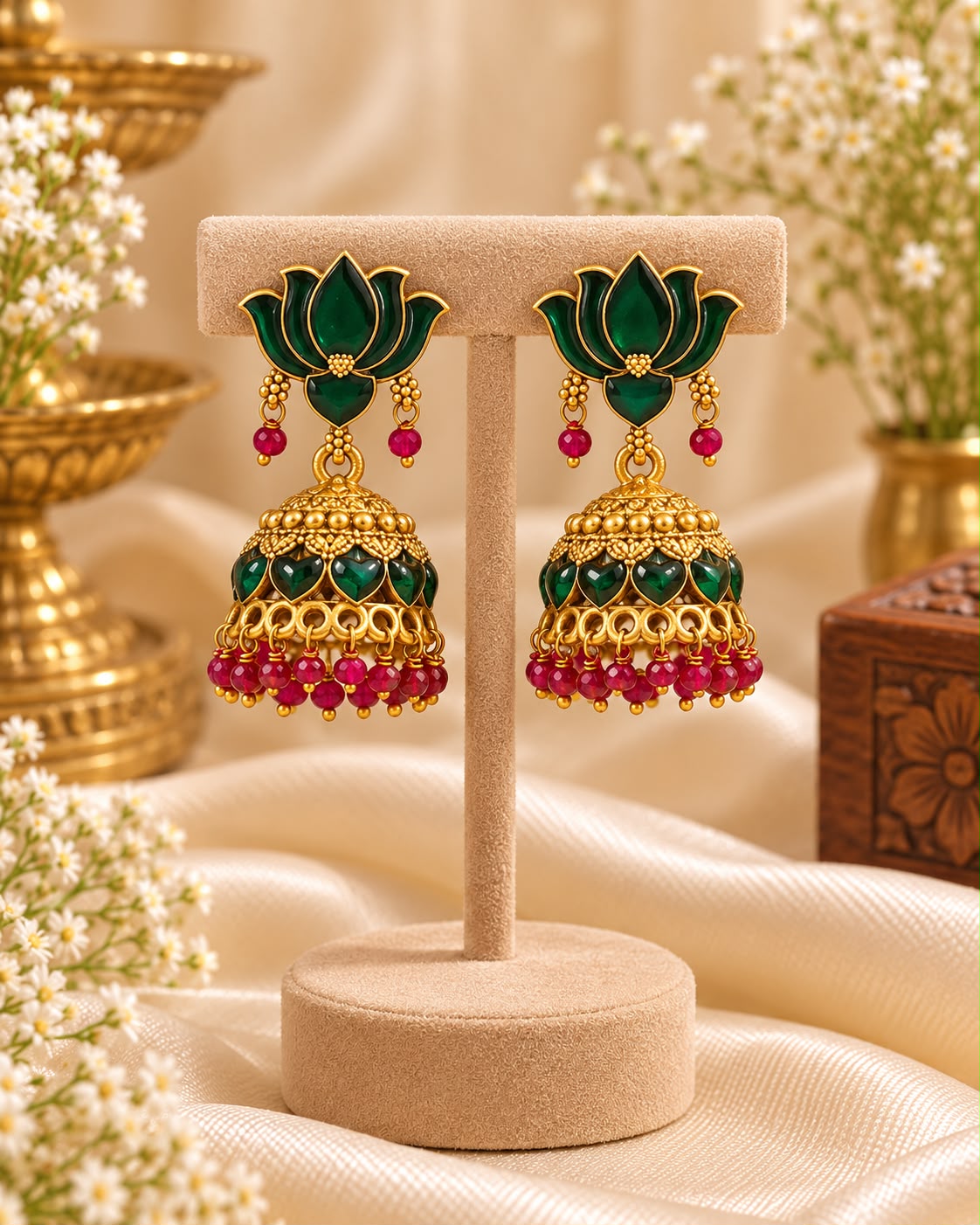 Green Lotus Jhumkas