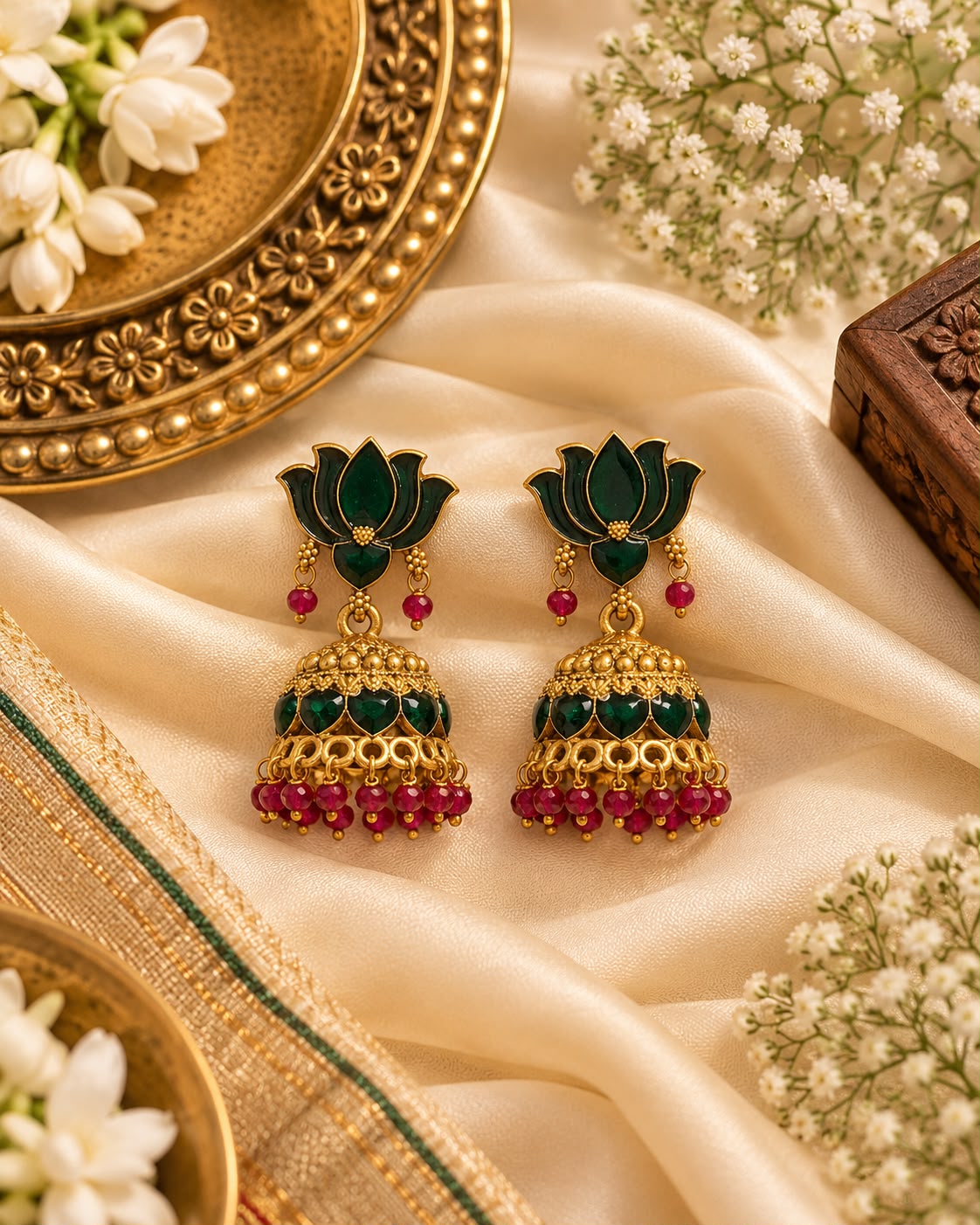 Green Lotus Jhumkas