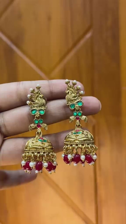 Red Meenakari Mayur Jhumkas