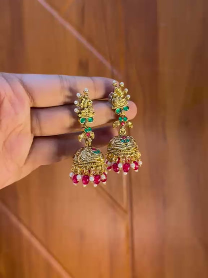 Red Meenakari Mayur Jhumkas